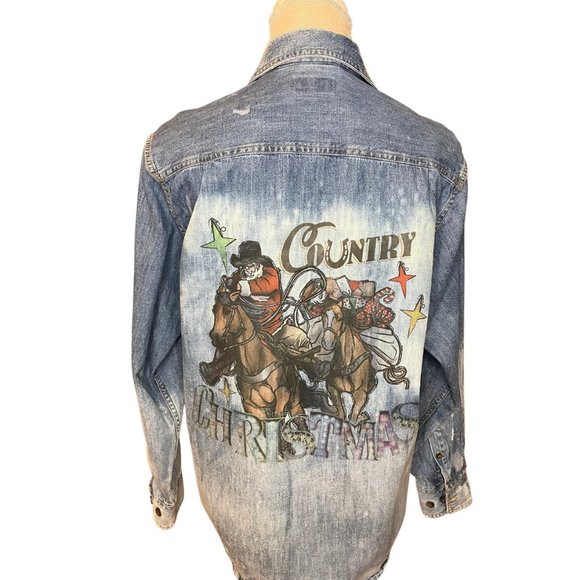 Super Cute Upcycled Country Christmas Button Down Denim Shirt - Picture 1 of 5